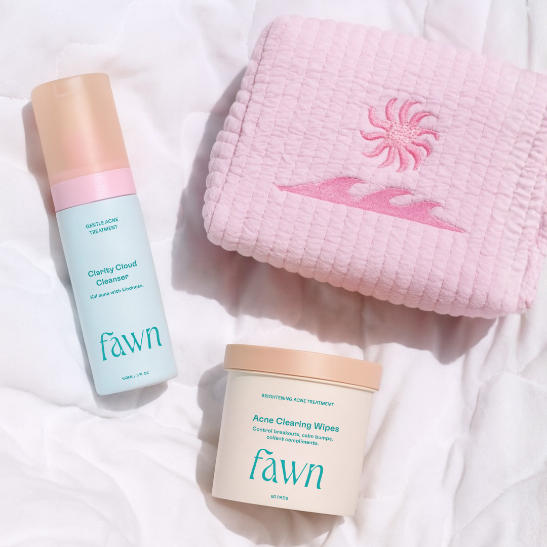 Fawn skincare products including a bottle and jar on a white background